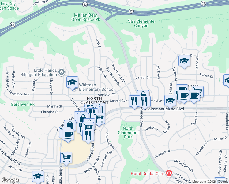 map of restaurants, bars, coffee shops, grocery stores, and more near 5002 Dubois Drive in San Diego
