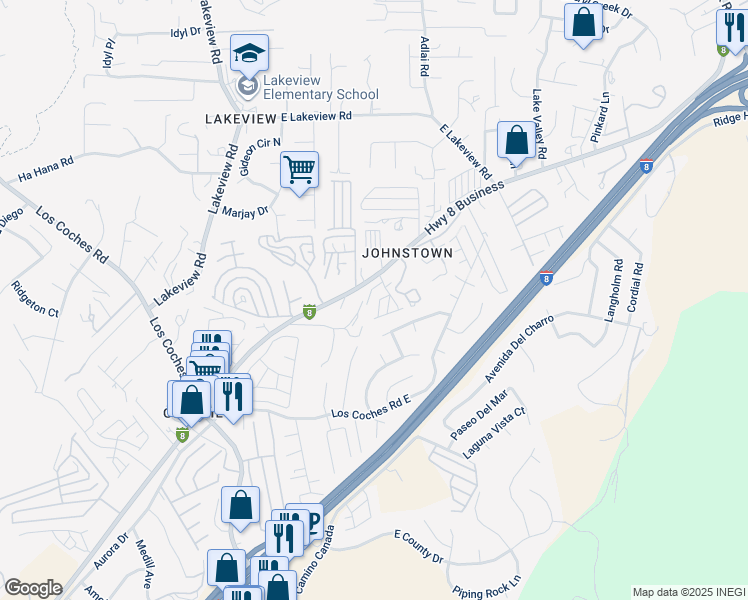 map of restaurants, bars, coffee shops, grocery stores, and more near 13455 Highway 8 Business in El Cajon