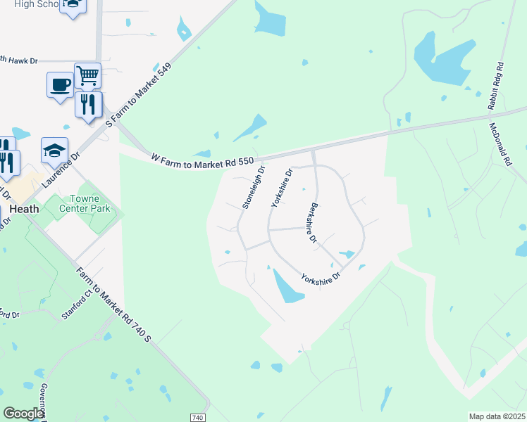 map of restaurants, bars, coffee shops, grocery stores, and more near 130 Yorkshire Drive in Heath