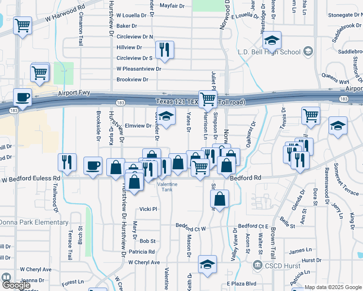 map of restaurants, bars, coffee shops, grocery stores, and more near 1325 Yates Drive in Hurst