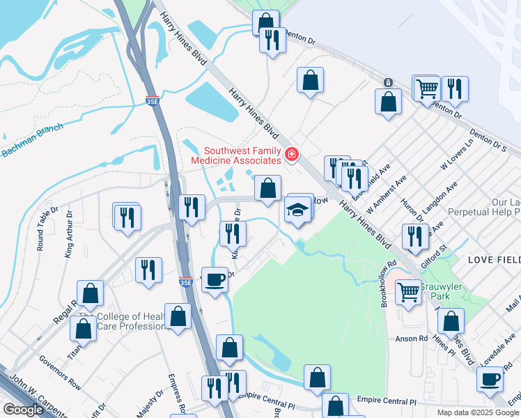 map of restaurants, bars, coffee shops, grocery stores, and more near 1820 Regal Row in Dallas