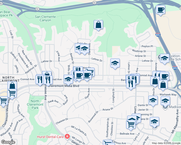 map of restaurants, bars, coffee shops, grocery stores, and more near 5005 Diane Avenue in San Diego