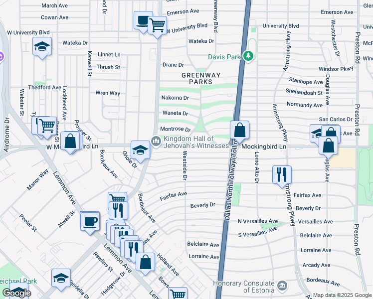 map of restaurants, bars, coffee shops, grocery stores, and more near 4673 West Mockingbird Lane in Dallas