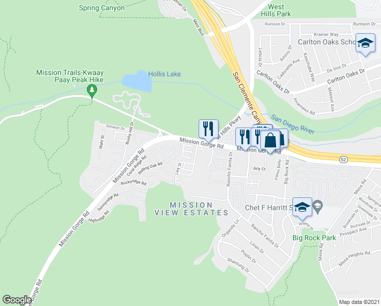 map of restaurants, bars, coffee shops, grocery stores, and more near 1701 Bellamont Pass in Santee