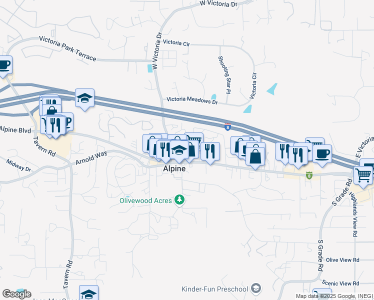 map of restaurants, bars, coffee shops, grocery stores, and more near 2235 West Victoria Drive in Alpine