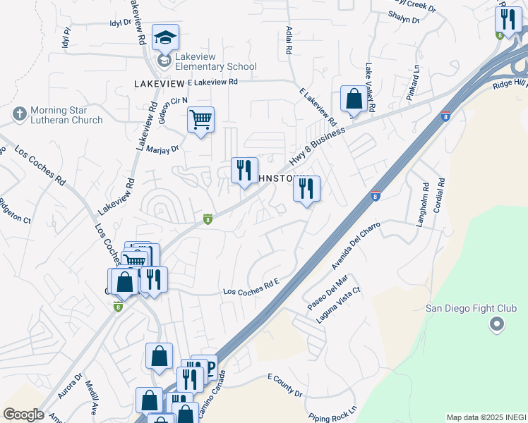 map of restaurants, bars, coffee shops, grocery stores, and more near 13455 Highway 8 Business in El Cajon