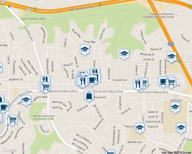 map of restaurants, bars, coffee shops, grocery stores, and more near 4780 Conrad Avenue in San Diego
