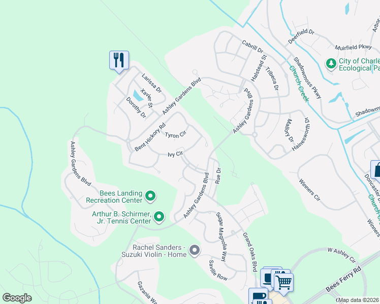 map of restaurants, bars, coffee shops, grocery stores, and more near 124 Walnut Creek Road in Charleston