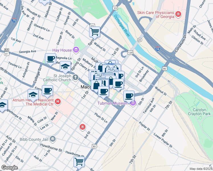 map of restaurants, bars, coffee shops, grocery stores, and more near 606 Cherry Street in Macon