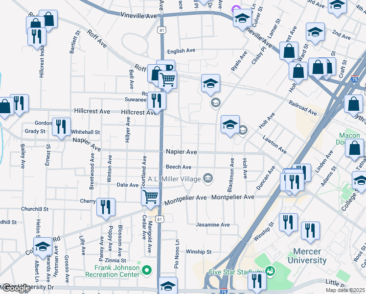 map of restaurants, bars, coffee shops, grocery stores, and more near 2497 Napier Avenue in Macon