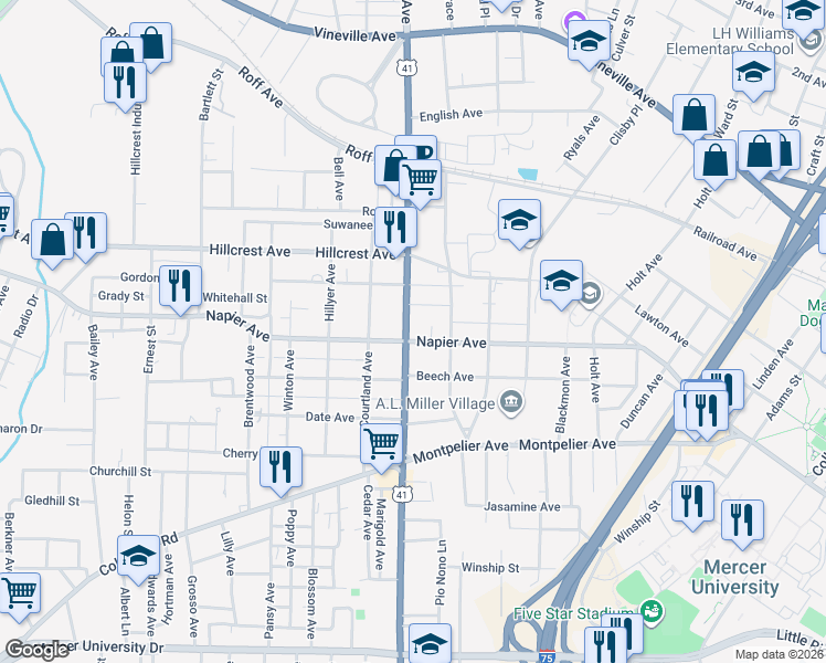 map of restaurants, bars, coffee shops, grocery stores, and more near 1095 Pio Nono Avenue in Macon