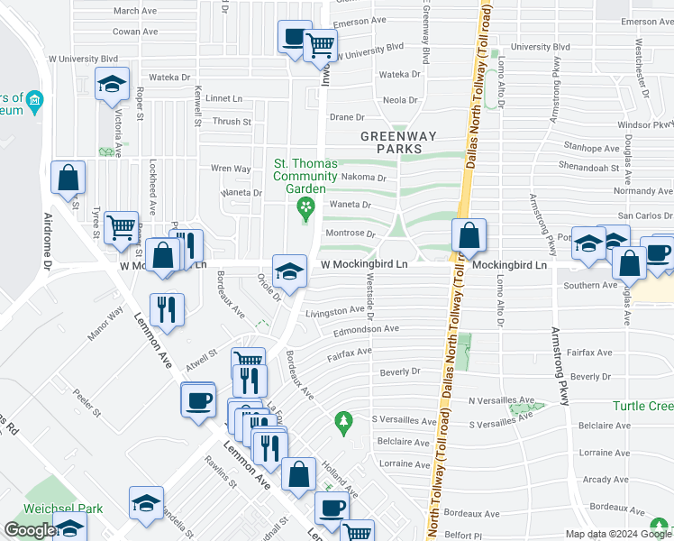 map of restaurants, bars, coffee shops, grocery stores, and more near 5330 West Mockingbird Lane in Dallas