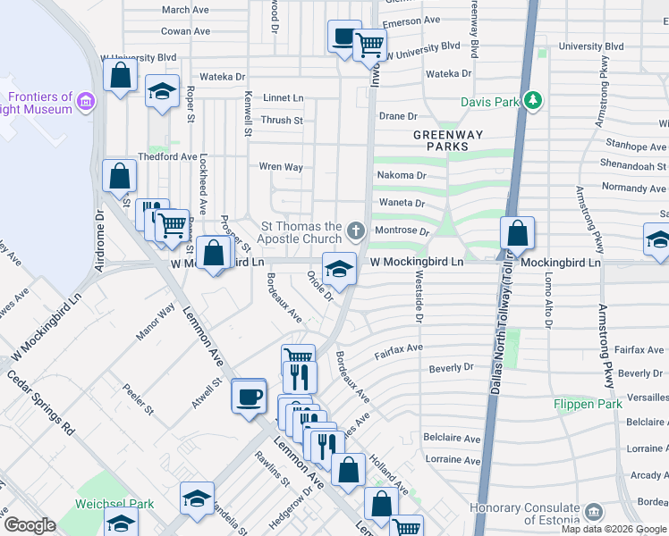 map of restaurants, bars, coffee shops, grocery stores, and more near 5122 West Mockingbird Lane in Dallas