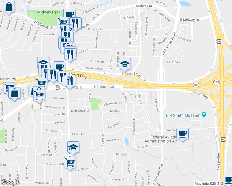 map of restaurants, bars, coffee shops, grocery stores, and more near 100 Dickey Drive in Euless
