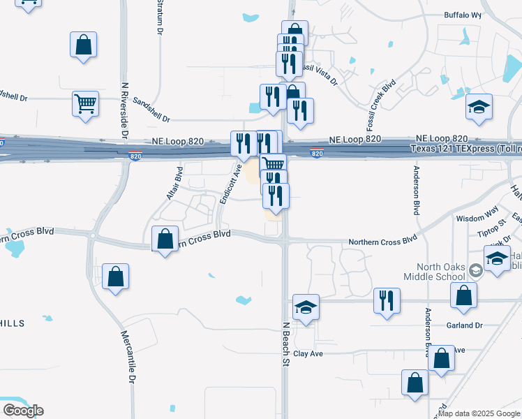 map of restaurants, bars, coffee shops, grocery stores, and more near 5111 North Beach Street in Fort Worth