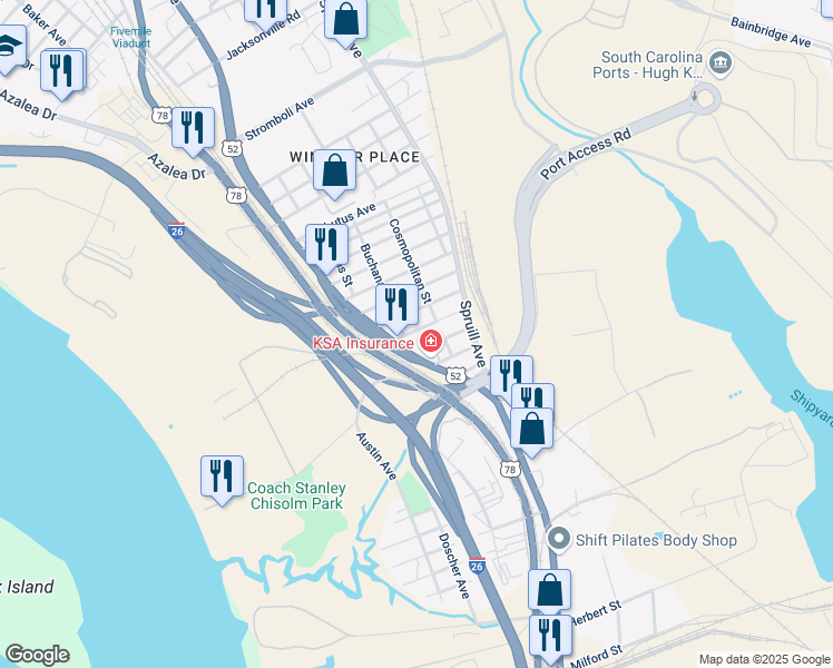 map of restaurants, bars, coffee shops, grocery stores, and more near 2017 Irving Avenue in North Charleston