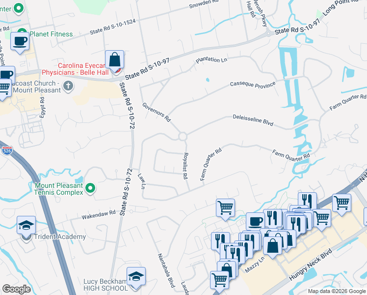 map of restaurants, bars, coffee shops, grocery stores, and more near 1052 Royalist Road in Mount Pleasant
