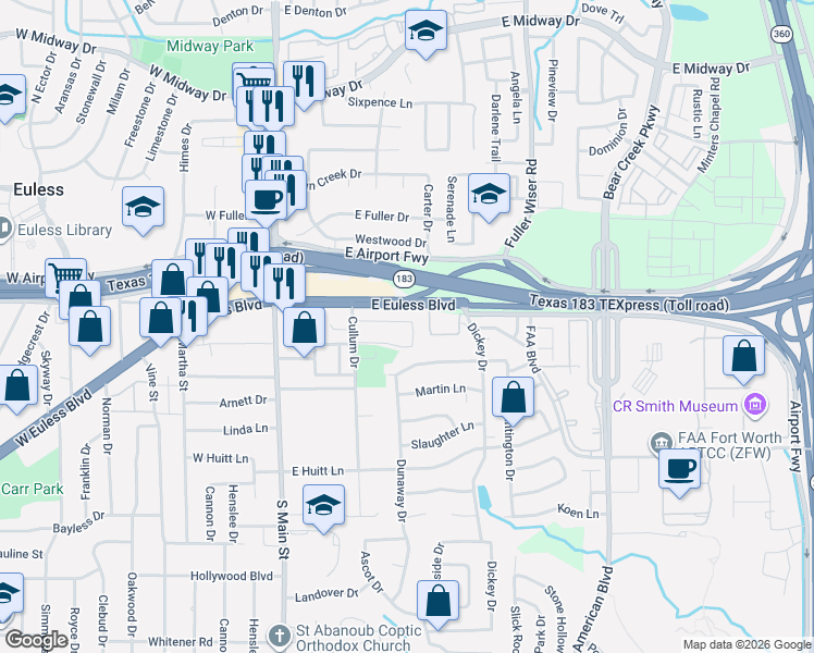 map of restaurants, bars, coffee shops, grocery stores, and more near 103 Millican Drive in Euless