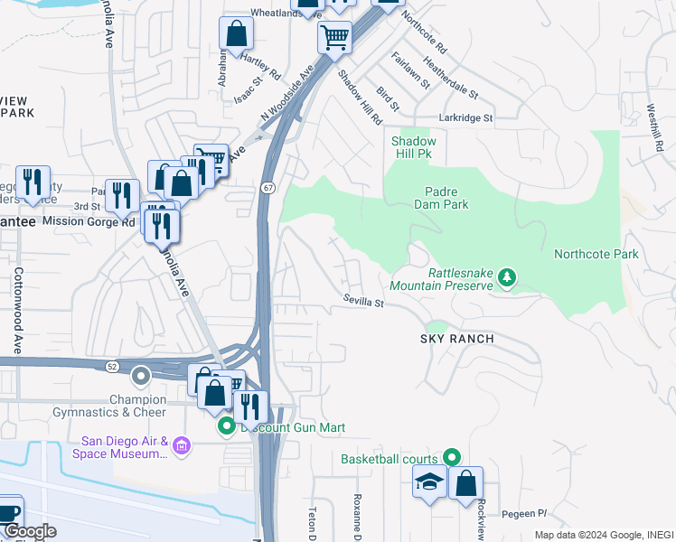 map of restaurants, bars, coffee shops, grocery stores, and more near 1205 Calabria Street in Santee