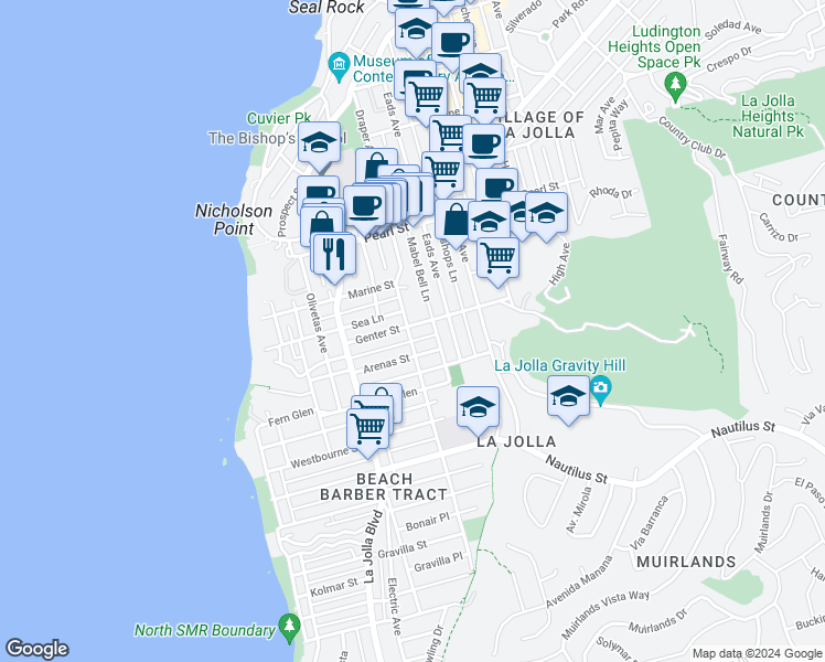 map of restaurants, bars, coffee shops, grocery stores, and more near 701 Genter Street in San Diego