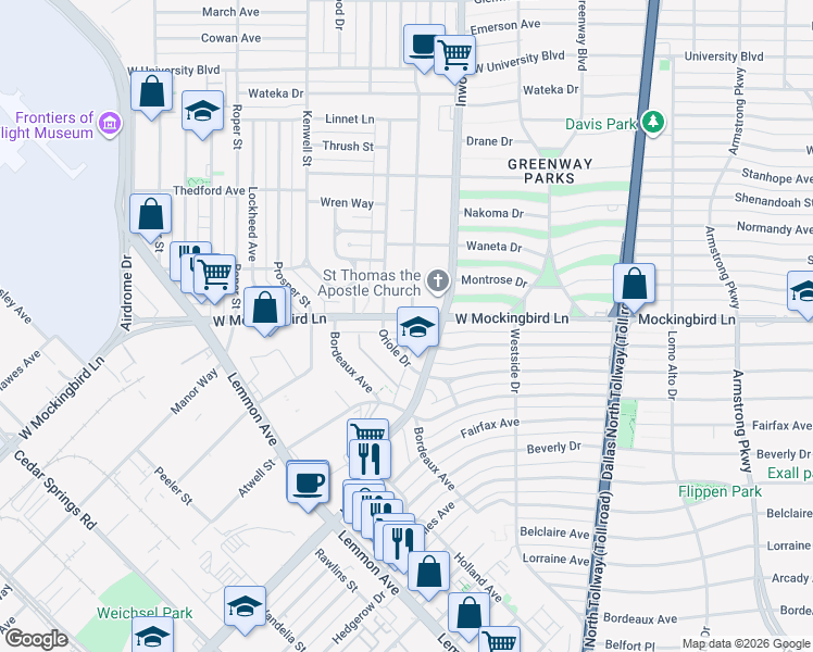 map of restaurants, bars, coffee shops, grocery stores, and more near 5122 West Mockingbird Lane in Dallas