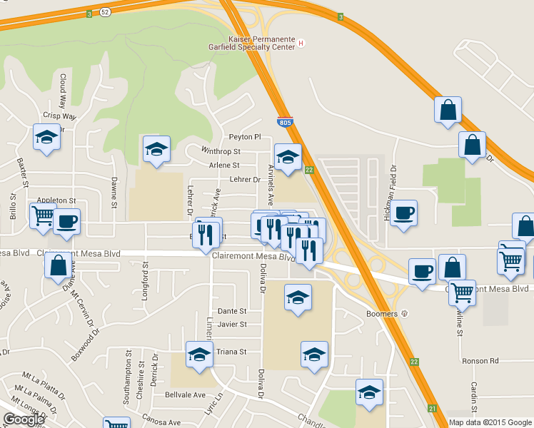 map of restaurants, bars, coffee shops, grocery stores, and more near 5020 Arvinels Ave in San Diego