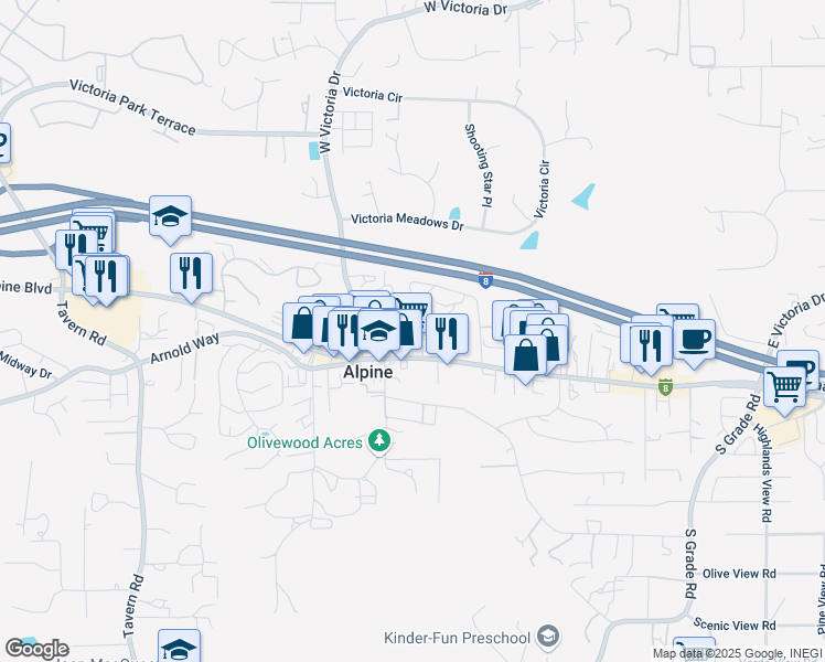 map of restaurants, bars, coffee shops, grocery stores, and more near 123 Vista Alpine Road in Alpine
