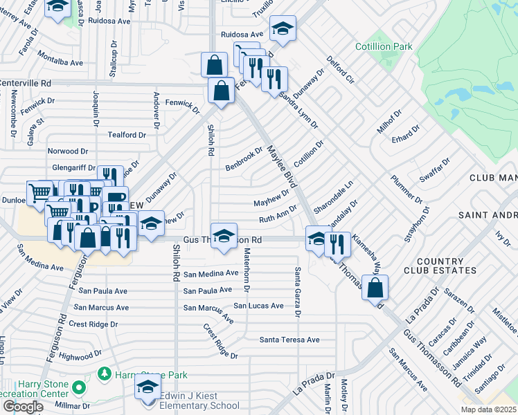 map of restaurants, bars, coffee shops, grocery stores, and more near 3118 Mayhew Dr in Dallas