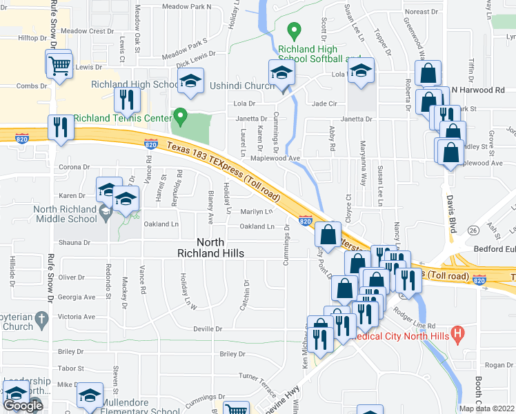 map of restaurants, bars, coffee shops, grocery stores, and more near 7310 Northeast Loop 820 in North Richland Hills