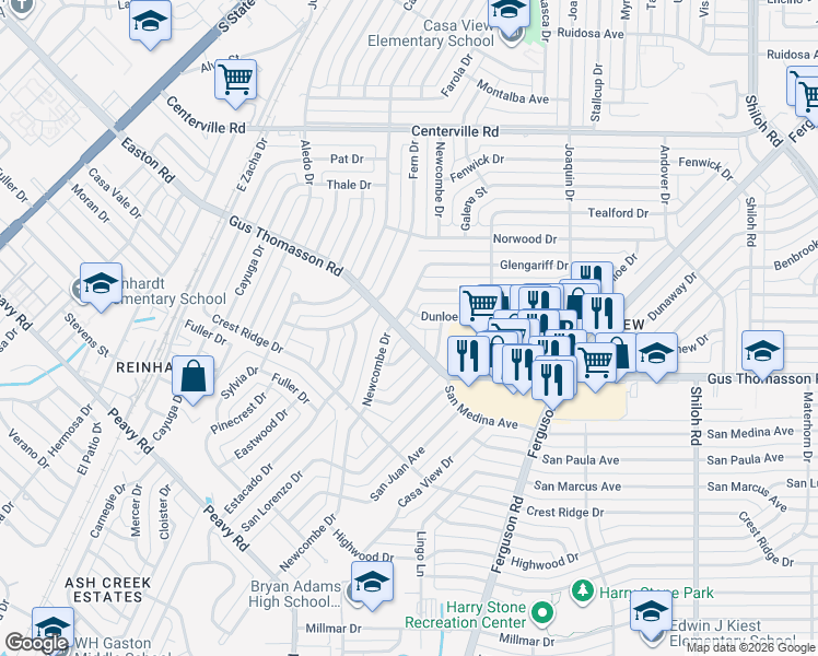 map of restaurants, bars, coffee shops, grocery stores, and more near 2115 Gus Thomasson Road in Dallas