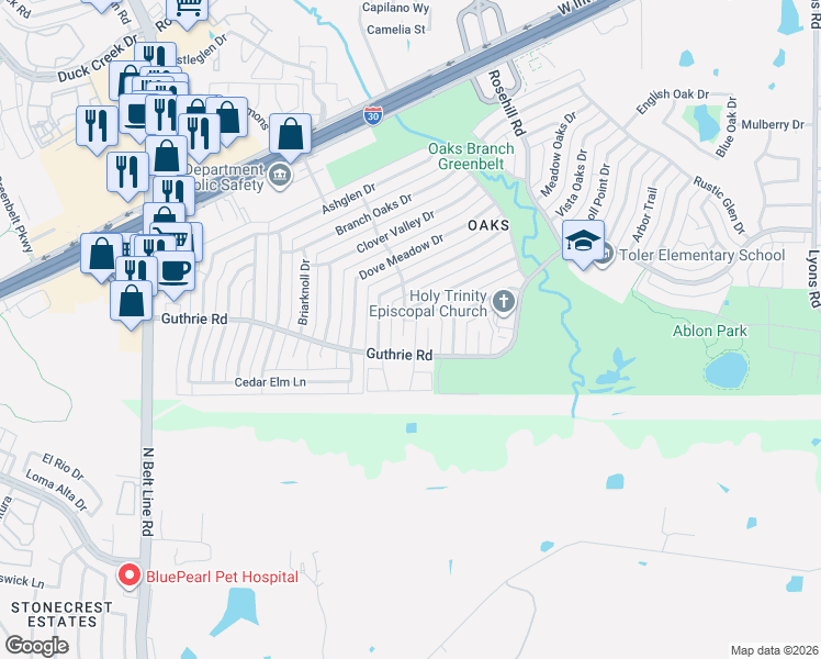 map of restaurants, bars, coffee shops, grocery stores, and more near 6405 Faircove Circle in Garland