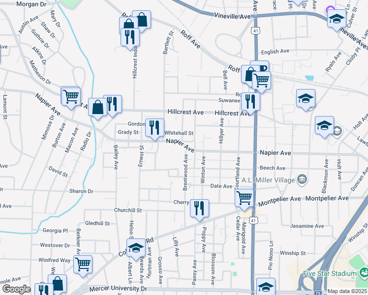 map of restaurants, bars, coffee shops, grocery stores, and more near 2806 Napier Avenue in Macon