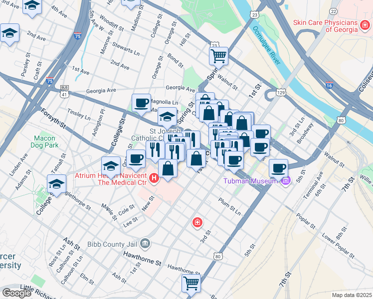 map of restaurants, bars, coffee shops, grocery stores, and more near 548 New Street in Macon