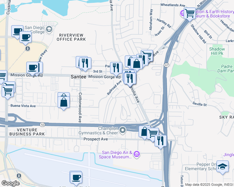 map of restaurants, bars, coffee shops, grocery stores, and more near 8712 Magnolia Avenue in Santee