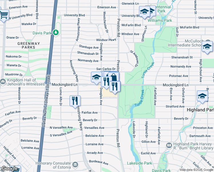 map of restaurants, bars, coffee shops, grocery stores, and more near 43 Highland Park Village in Dallas