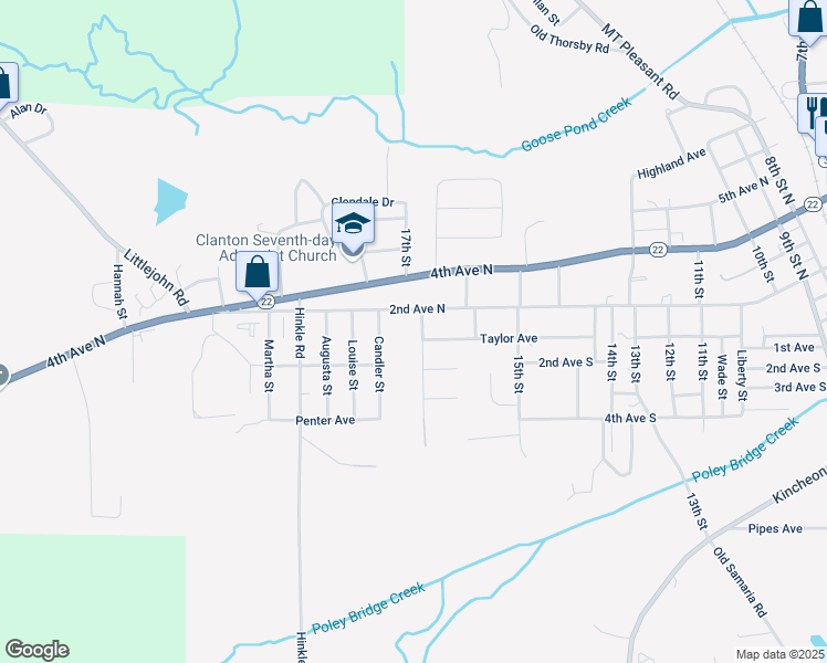 map of restaurants, bars, coffee shops, grocery stores, and more near 104 Edgewood Street in Clanton