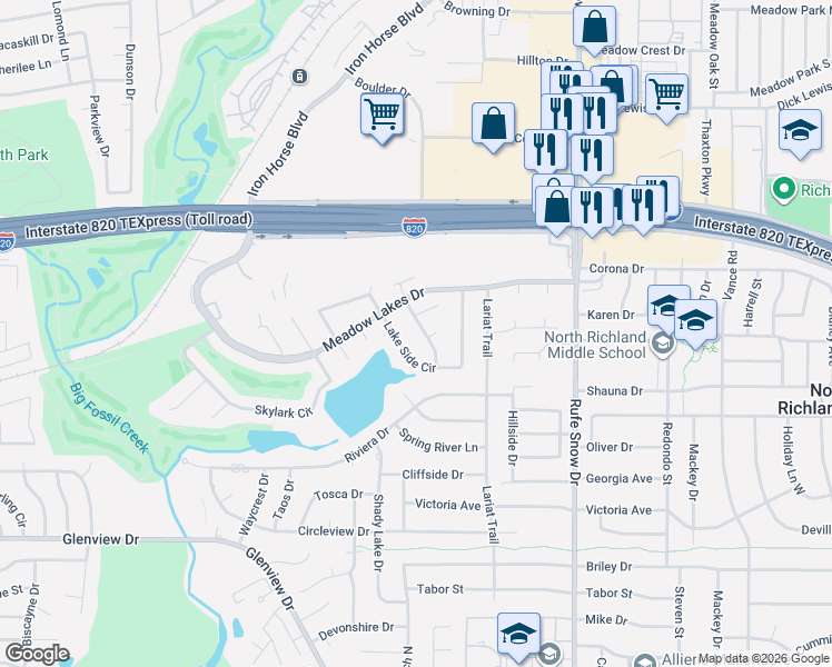 map of restaurants, bars, coffee shops, grocery stores, and more near 4901 Boulder Road in Fort Worth