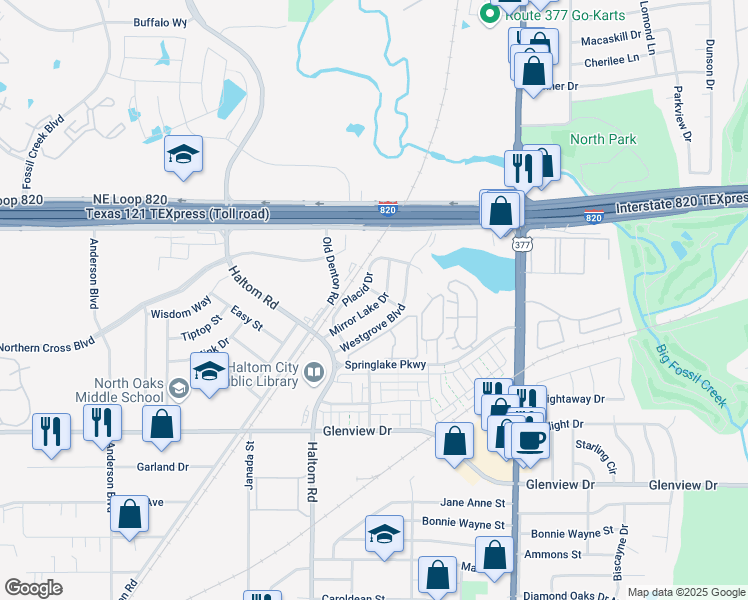 map of restaurants, bars, coffee shops, grocery stores, and more near 5149 Mirror Lake Drive in Haltom City