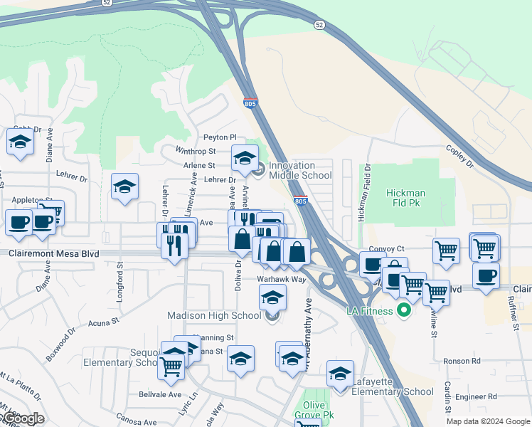 map of restaurants, bars, coffee shops, grocery stores, and more near 5505 Norwich Street in San Diego