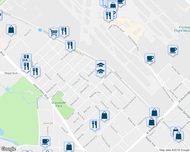 map of restaurants, bars, coffee shops, grocery stores, and more near 7625 Cortland Avenue in Dallas