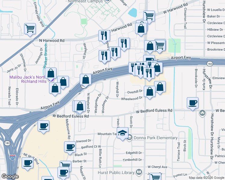 map of restaurants, bars, coffee shops, grocery stores, and more near 1412 Woodway Drive in Hurst