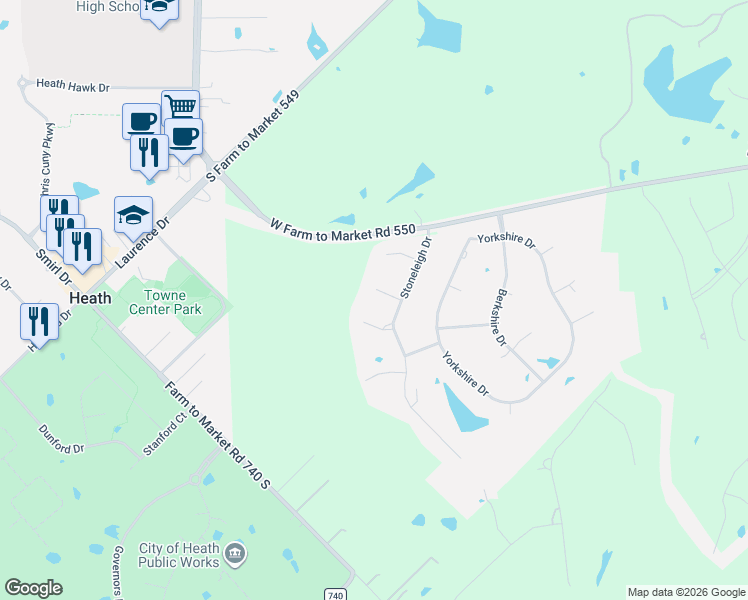 map of restaurants, bars, coffee shops, grocery stores, and more near 3 Westchester Court in Heath