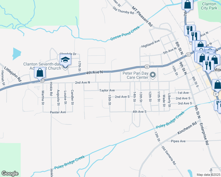 map of restaurants, bars, coffee shops, grocery stores, and more near 105 15th Street in Clanton