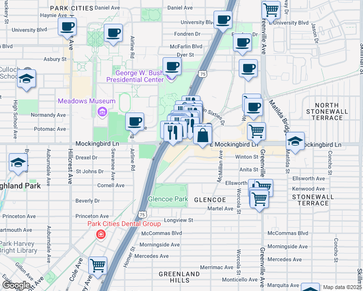 map of restaurants, bars, coffee shops, grocery stores, and more near 5320 East Mockingbird Lane in Dallas