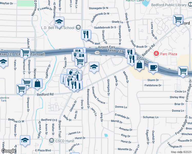map of restaurants, bars, coffee shops, grocery stores, and more near 900 Bedford Road in Bedford