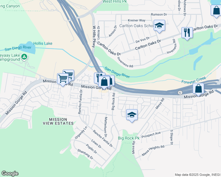 map of restaurants, bars, coffee shops, grocery stores, and more near 8069 Mission Gorge Road in Santee