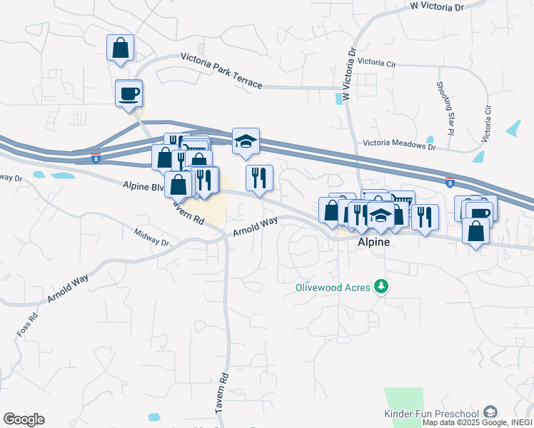 map of restaurants, bars, coffee shops, grocery stores, and more near 1968 Arnold Way in Alpine