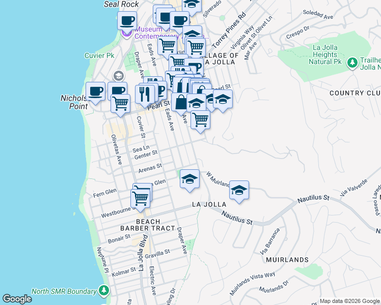 map of restaurants, bars, coffee shops, grocery stores, and more near 7216 Fay Avenue in San Diego