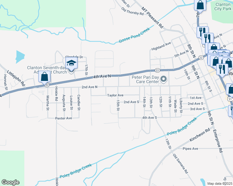 map of restaurants, bars, coffee shops, grocery stores, and more near 105 15th Street in Clanton