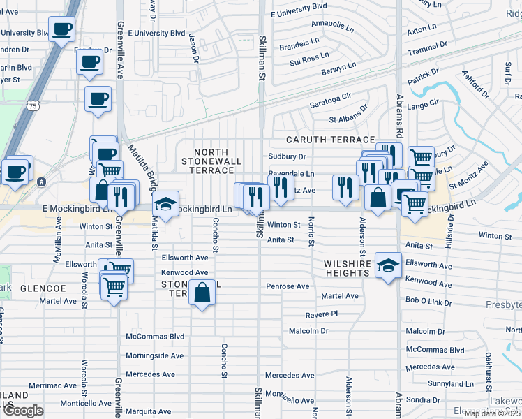 map of restaurants, bars, coffee shops, grocery stores, and more near Skillman Street & East Mockingbird Lane in Dallas